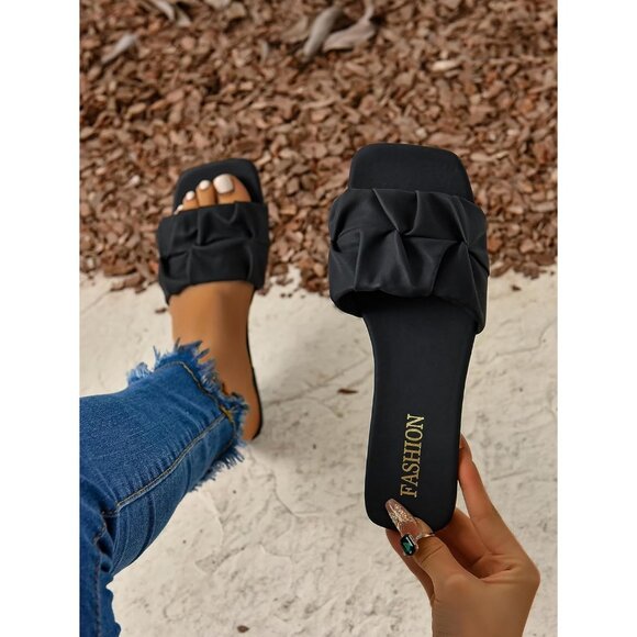Women's Black Pleated Square Toe  Trendy Summer Slide Flat Sandals Shoes - Picture 2 of 5
